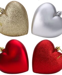 4-100mm Heart Shaped Baubles - Matte & Glitter Design - Christmas Decoration (Red, Silver & Gold)