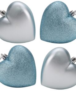 4-100mm Heart Shaped Baubles - Matte & Glitter Design - Christmas Decoration (Ice Blue)