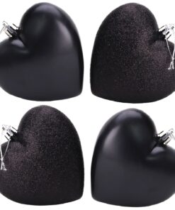 4-100mm Heart Shaped Baubles - Matte & Glitter Design - Christmas Decoration (Black)