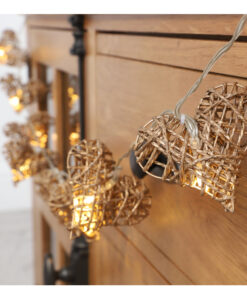 10 Gold Rattan Heart Fairy Lights With Warm White LEDs - 1.5m - Battery Operated - Bedroom Lights