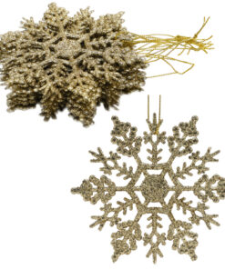 Pack of 12-10cm Glitter Snowflake Hanging Decorations - Christmas Decorations (Gold)