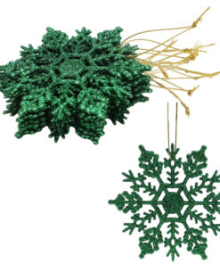 Pack of 12-10cm Glitter Snowflake Hanging Decorations - Christmas Decorations (Green)