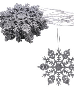 Pack of 12-10cm Glitter Snowflake Hanging Decorations - Christmas Decorations (Silver)