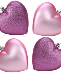 4-100mm Heart Shaped Baubles - Matte & Glitter Design - Christmas Decoration (Baby Pink)