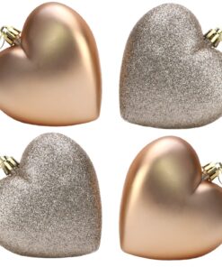 4-100mm Heart Shaped Baubles - Matte & Glitter Design - Christmas Decoration (Champagne)