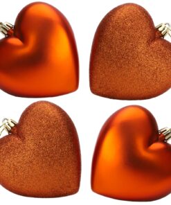 4-100mm Heart Shaped Baubles - Matte & Glitter Design - Christmas Decoration (Copper)
