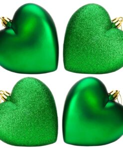 4-100mm Heart Shaped Baubles - Matte & Glitter Design - Christmas Decoration (Emerald Green)