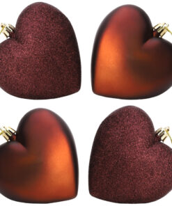 4-100mm Heart Shaped Baubles - Matte & Glitter Design - Christmas Decoration (Mocha)