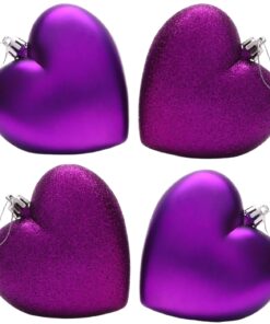 4-100mm Heart Shaped Baubles - Matte & Glitter Design - Christmas Decoration (Purple)