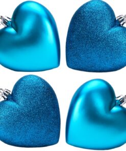 4-100mm Heart Shaped Baubles - Matte & Glitter Design - Christmas Decoration (Turquoise)
