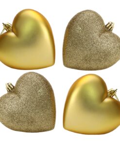 4-100mm Heart Shaped Baubles - Matte & Glitter Design - Christmas Decoration (Gold)