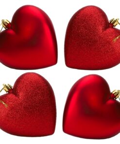 4-100mm Heart Shaped Baubles - Matte & Glitter Design - Christmas Decoration (Red)