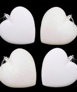 4-100mm Heart Shaped Baubles - Matte & Glitter Design - Christmas Decoration (White)