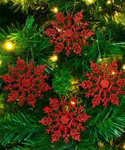 Alternative view of Pack of 12-10cm Glitter Snowflake Hanging Decorations - Christmas Decorations (Red)