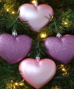 Alternative view of Pack Of 12-100mm Glitter Heart Shaped Christmas Tree Baubles - Matte & Glitter Design - Christmas Decorations (Baby Pink)
