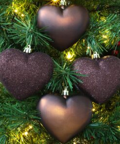 Alternative view of Pack Of 12-100mm Glitter Heart Shaped Christmas Tree Baubles - Matte & Glitter Design - Christmas Decorations (Mocha)