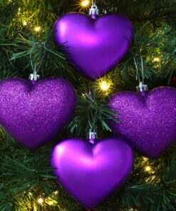 Alternative view of 4-100mm Heart Shaped Baubles - Matte & Glitter Design - Christmas Decoration (Purple)