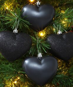 Alternative view of Pack Of 12-100mm Glitter Heart Shaped Christmas Tree Baubles - Matte & Glitter Design - Christmas Decorations (Black)