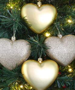 Alternative view of Pack Of 12-100mm Glitter Heart Shaped Christmas Tree Baubles - Matte & Glitter Design - Christmas Decorations (Gold)