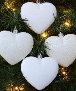 Alternative view of Pack Of 12-100mm Glitter Heart Shaped Christmas Tree Baubles - Matte & Glitter Design - Christmas Decorations (White)