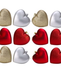 Pack Of 12-100mm Glitter Heart Shaped Christmas Tree Baubles - Matte & Glitter Design - Christmas Decorations (Red, Silver & Gold)