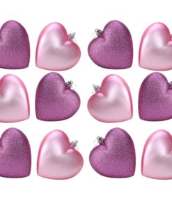 Pack Of 12-100mm Glitter Heart Shaped Christmas Tree Baubles - Matte & Glitter Design - Christmas Decorations (Baby Pink)