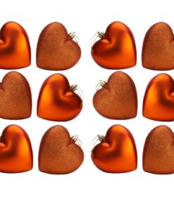 Pack Of 12-100mm Glitter Heart Shaped Christmas Tree Baubles - Matte & Glitter Design - Christmas Decorations (Copper)