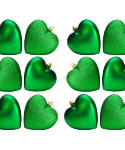 Pack Of 12-100mm Glitter Heart Shaped Christmas Tree Baubles - Matte & Glitter Design - Christmas Decorations (Emerald Green)
