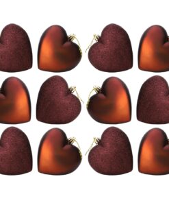 Pack Of 12-100mm Glitter Heart Shaped Christmas Tree Baubles - Matte & Glitter Design - Christmas Decorations (Mocha)