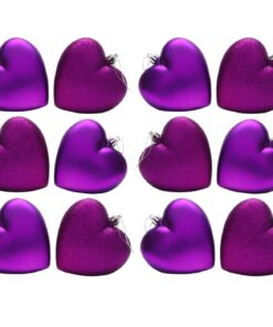 Pack Of 12-100mm Glitter Heart Shaped Christmas Tree Baubles - Matte & Glitter Design - Christmas Decorations (Purple)