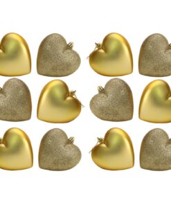 Pack Of 12-100mm Glitter Heart Shaped Christmas Tree Baubles - Matte & Glitter Design - Christmas Decorations (Gold)
