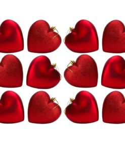 Pack Of 12-100mm Glitter Heart Shaped Christmas Tree Baubles - Matte & Glitter Design - Christmas Decorations (Red)