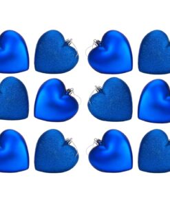 Pack Of 12-100mm Glitter Heart Shaped Christmas Tree Baubles - Matte & Glitter Design - Christmas Decorations (Royal Blue)