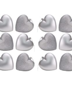 Pack Of 12-100mm Glitter Heart Shaped Christmas Tree Baubles - Matte & Glitter Design - Christmas Decorations (Silver)