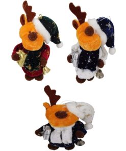 Christmas Concepts® Pack Of 3-4" Angela's Sparkle Fabric Hanging Reindeer Christmas Tree Decoration - Reindeers With Green, Blue & White Hats - Cute Christmas Decorations