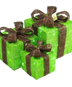 Christmas Concepts® 3 Piece Light Up Christmas Parcel Set - Lime Green & Brown Sequin Decorated - Rattan Christmas Decorations.
