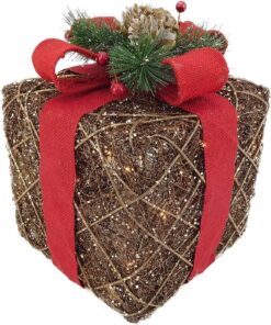 Christmas Concepts® Brown Rattan Gift Box with Red Bow & Warm White LED Lights - 11" x 11" x 12" - Christmas Decorations