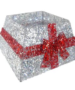 Christmas Concepts® Christmas Tree Base Skirt With Ribbon and LED Lights - Various Colours - Christmas Tree Decorations (Silver / Red)