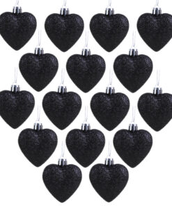 Pack of 16 - Glitter Heart Shaped Baubles - Christmas Tree Decorations (Black)