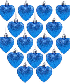 Pack of 16 - Glitter Heart Shaped Baubles - Christmas Tree Decorations (Royal Blue)