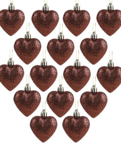 Pack of 16 - Glitter Heart Shaped Baubles - Christmas Tree Decorations (Mocha)