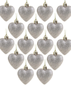 Pack of 16 - Glitter Heart Shaped Baubles - Christmas Tree Decorations (Champagne)