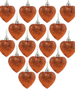 Pack of 16 - Glitter Heart Shaped Baubles - Christmas Tree Decorations (Copper)