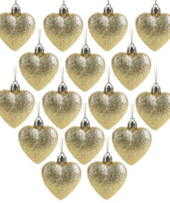 Pack of 16 - Glitter Heart Shaped Baubles - Christmas Tree Decorations (Gold)