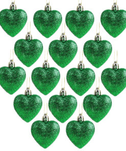 Pack of 16 - Glitter Heart Shaped Baubles - Christmas Tree Decorations (Emerald Green)