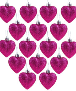 Pack of 16 - Glitter Heart Shaped Baubles - Christmas Tree Decorations (Hot Pink)