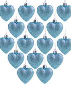 Pack of 16 - Glitter Heart Shaped Baubles - Christmas Tree Decorations (Ice Blue)