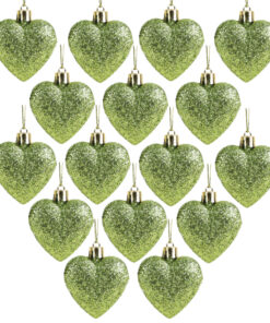 Pack of 16 - Glitter Heart Shaped Baubles - Christmas Tree Decorations (Lime Green)