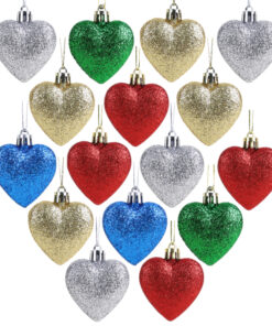 Pack of 16 - Glitter Heart Shaped Baubles - Christmas Tree Decorations (Multicolour)