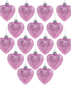 Pack of 16 - Glitter Heart Shaped Baubles - Christmas Tree Decorations (Baby Pink)